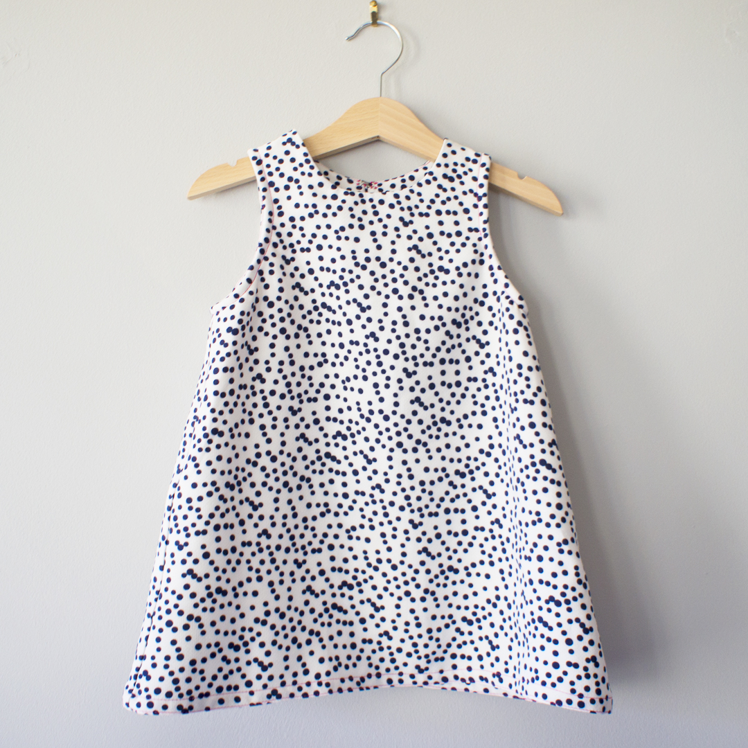 Handmade navy and white dotty scuba crepe stretch jersey dress by the Bristol seamstress