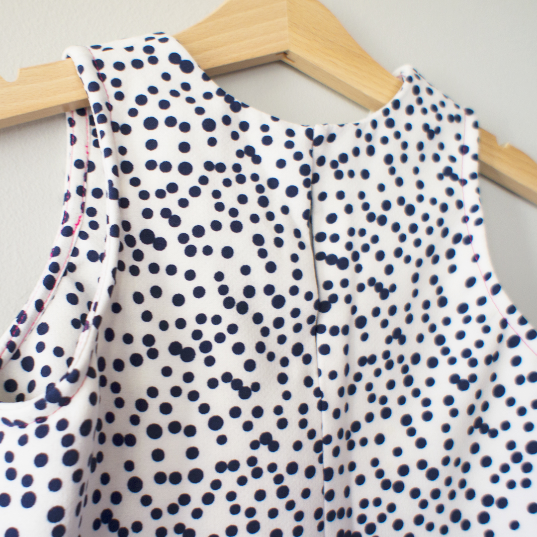 Handmade navy and white dotty scuba crepe stretch jersey dress by the Bristol seamstress