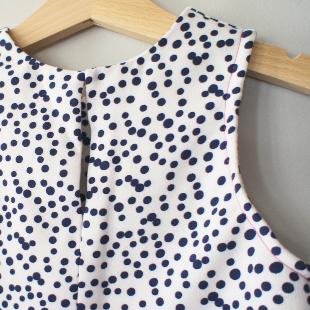Handmade navy and white dotty scuba crepe stretch jersey dress by the Bristol seamstress
