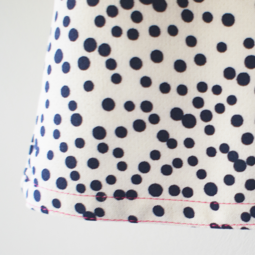 Handmade navy and white dotty scuba crepe stretch jersey dress by the Bristol seamstress