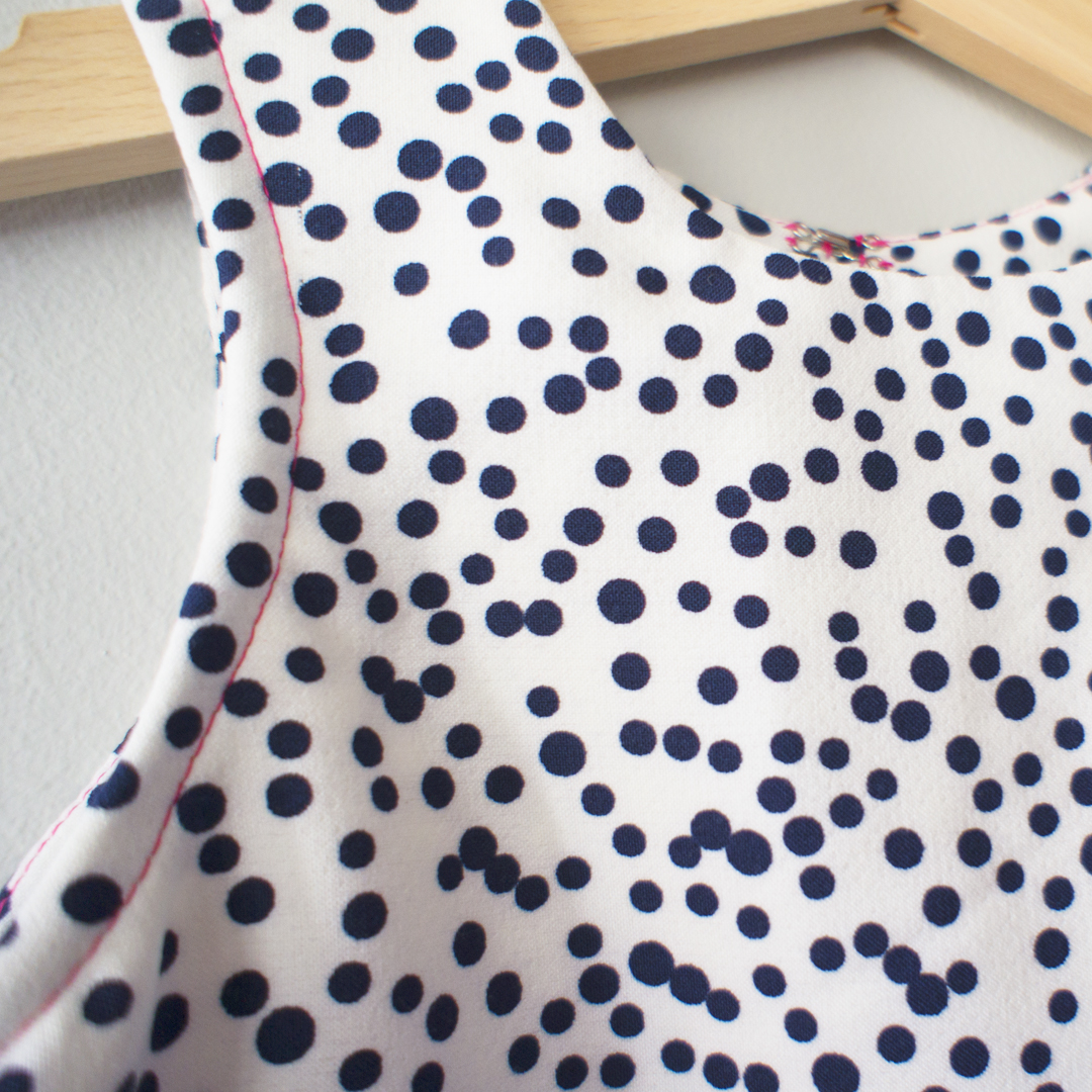 Handmade navy and white dotty scuba crepe stretch jersey dress by the Bristol seamstress