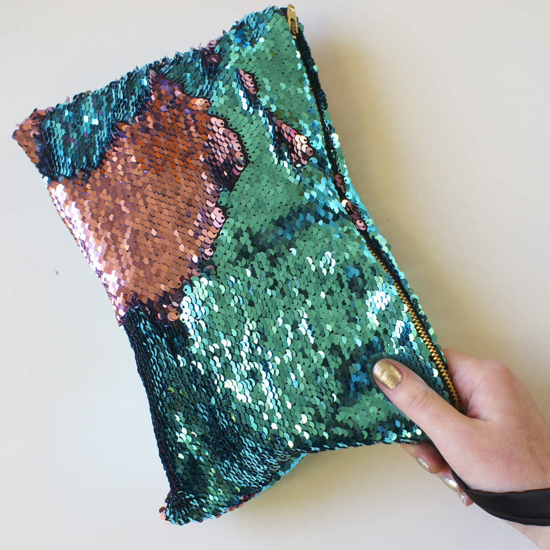 Handmade Pink and Blue Sequin Clutch Bag by the Bristol Seamstress